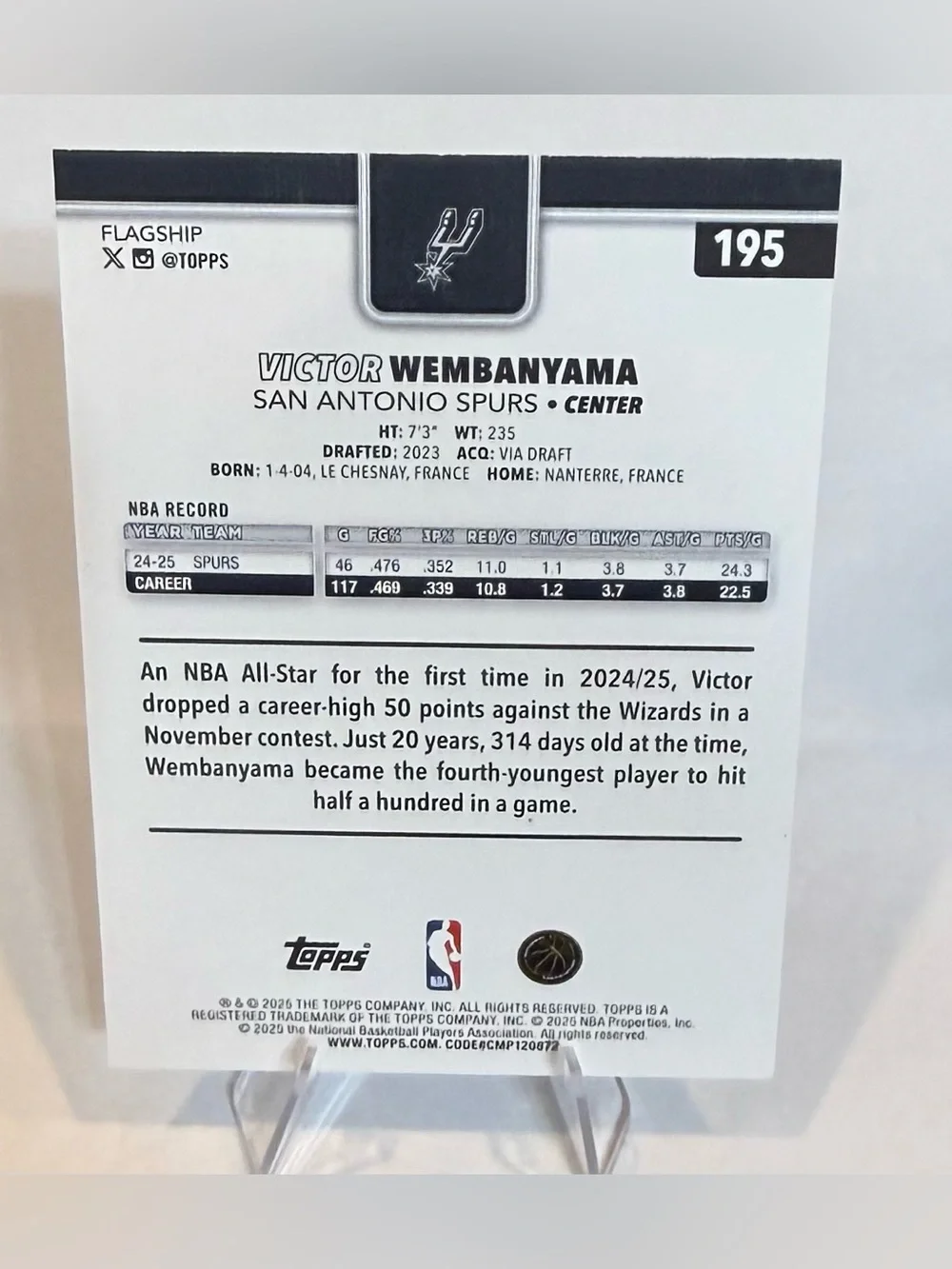 2025 Topps San Antonio Spurs Basketball Card # 195- Victor Wembayama ( Center ) - Picture 2 of 2